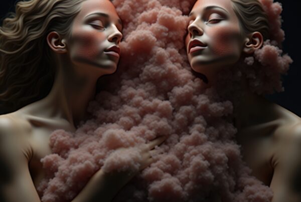 Two figures surrounded by soft, pink, cloud-like texture convey serenity and introspection.