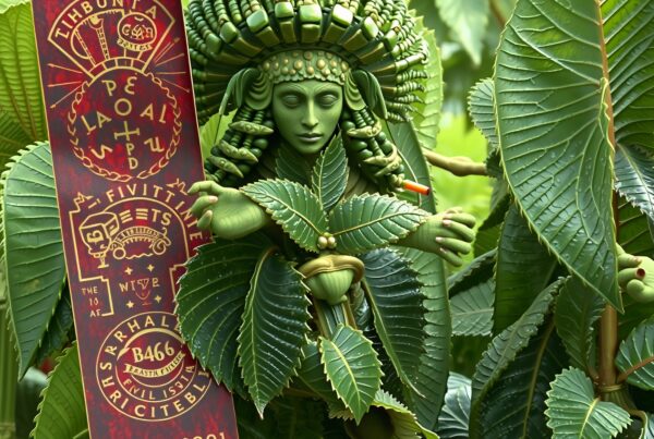 Enigmatic leaf figure surrounded by lush foliage with a red ornate sign bearing cryptic symbols.