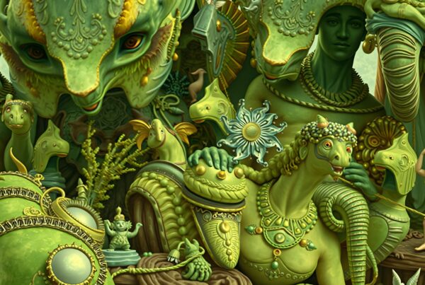 A fantastical green scene with mythical creatures and a child.