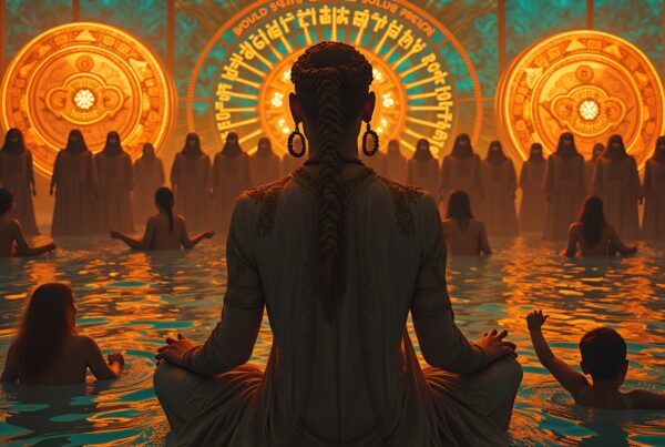 A person performing a meditative ritual in water with illuminated symbols and figures in the background.