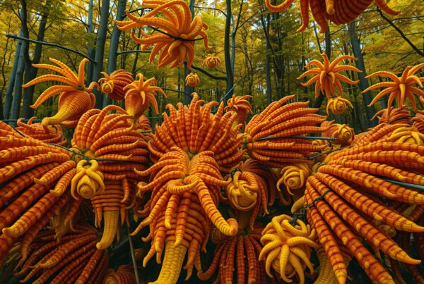 Surreal orange tendrils in vibrant forest setting.