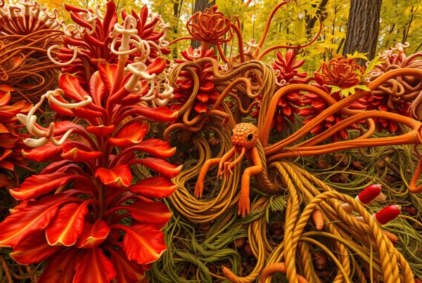 An imaginative forest scene featuring vibrant, otherworldly plants and a whimsical creature amidst twisting vines and flowers.
