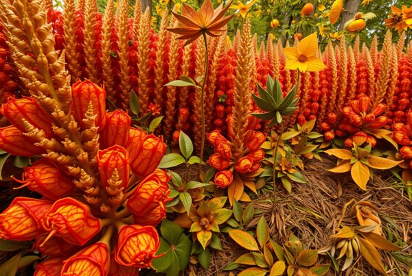 "Vibrant orange and red flowers in lush garden scenery."
