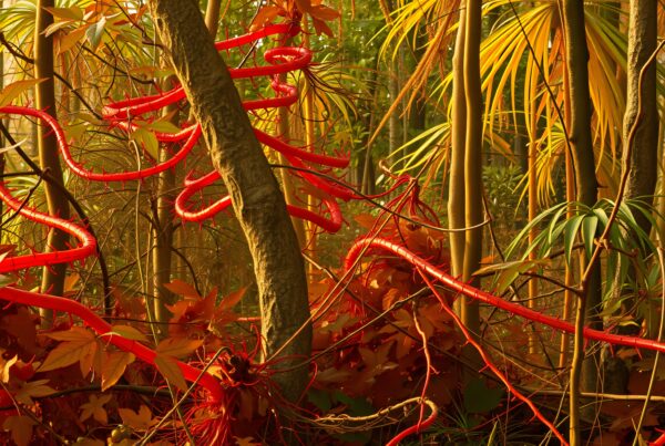A vibrant forest scene with red vines intertwined around trees in warm, golden light.