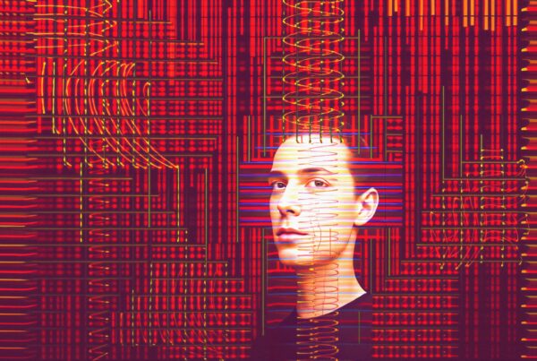 An individual amidst abstract red and yellow patterns, blending technology and human presence.