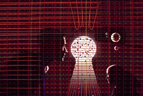 Abstract digital illustration with two silhouetted profiles facing a luminous keyhole, surrounded by geometric patterns and floating spheres.