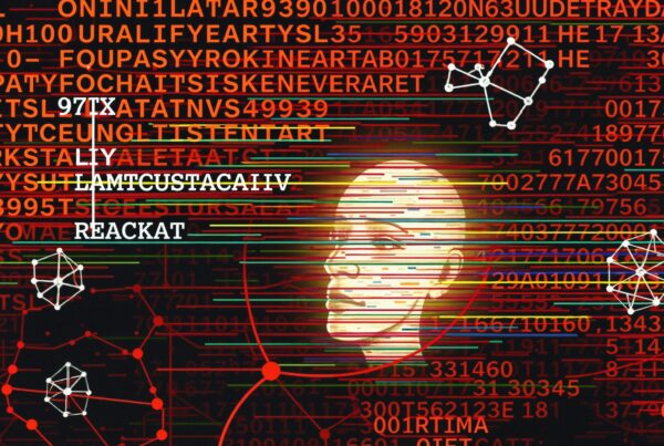 A digital face amid complex code and network patterns.