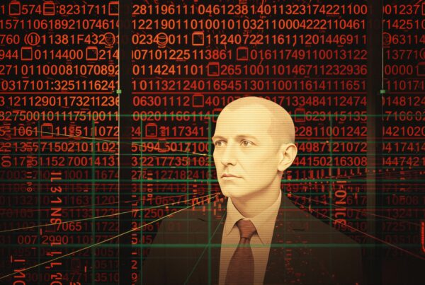 A man in a suit is seen with a digital background of red binary numbers, symbolizing technology and data.