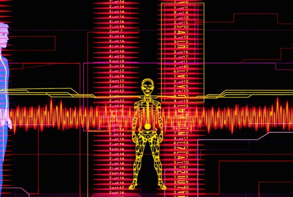 A digital depiction of a futuristic human interface with neon colors and waveforms.