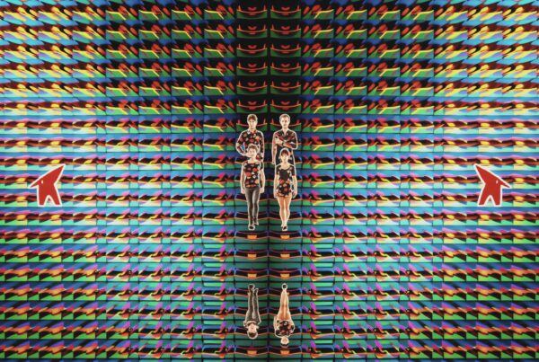 Colorful patterned background with mirrored people.