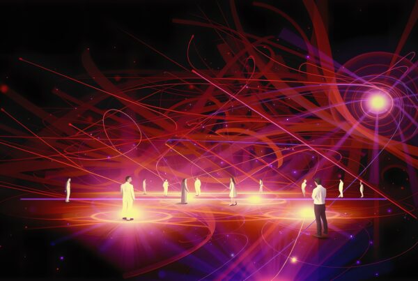 Abstract digital artwork depicting figures amidst vibrant glowing lines, suggesting futuristic connectivity and communication themes.