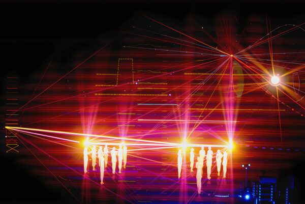 Futuristic scene with silhouettes and light beams, abstract digital elements.