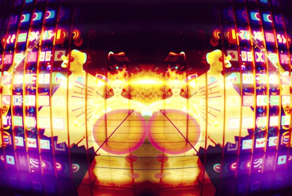 A vibrant digital display with neon symbols and symmetrical abstract designs featuring glowing humanoid figures.