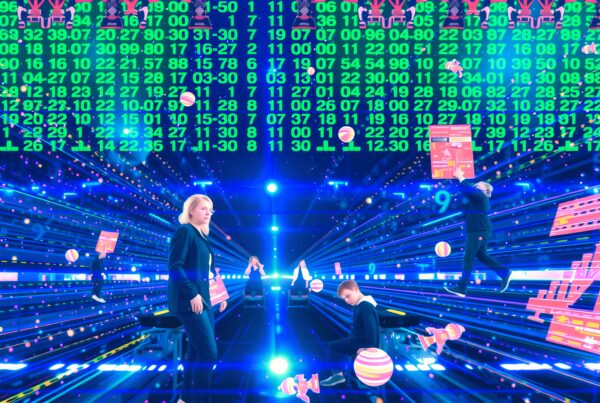 A digital realm with glowing numbers, interacting figures, and vibrant neon elements.