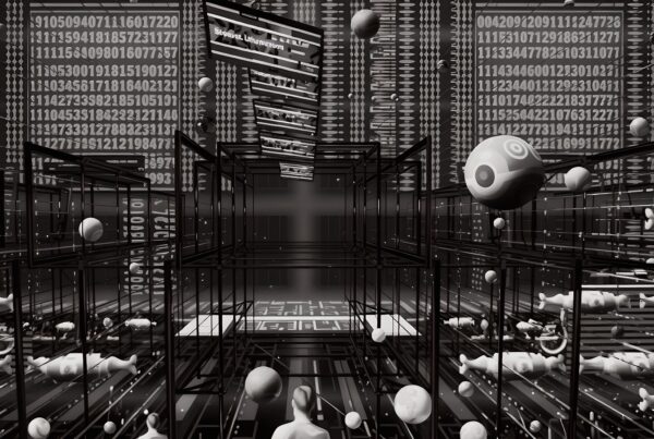 A digital artwork featuring a 3D futuristic matrix with floating spheres and cascading numbers.