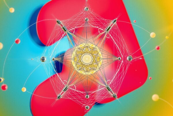 Intricate geometric pattern with colorful spheres and lines.