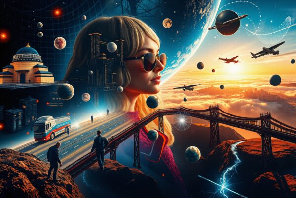 A surreal scene blending space and earthly elements with a woman's profile and cosmic background, featuring planets, bridges, and architecture.