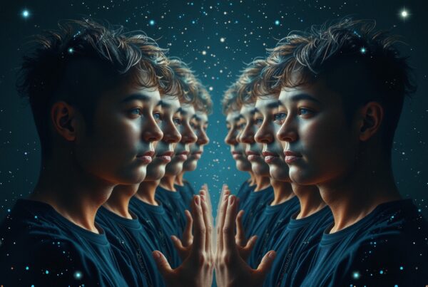 A surreal image of a young person reflected in multiple cosmic star-filled backgrounds.