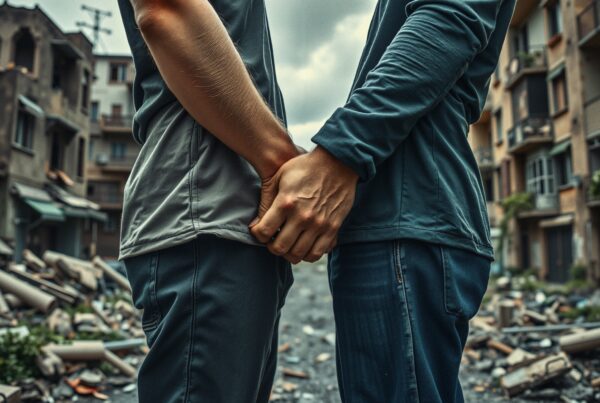 Two people holding hands amidst rubble.