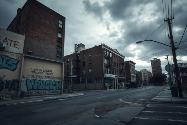Abandoned urban street with graffiti-covered buildings under cloudy sky.