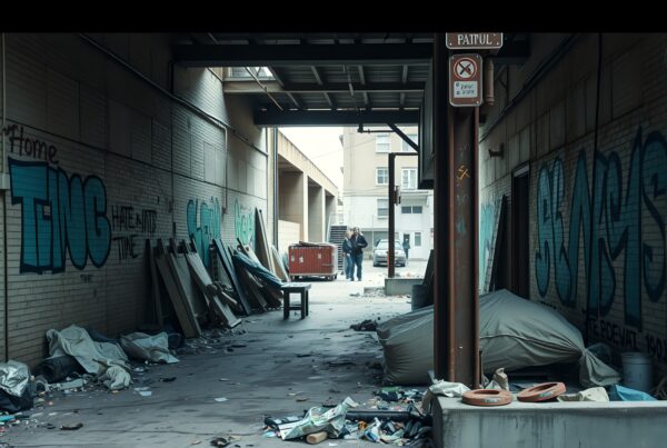 A narrow alley littered with debris, flanked by graffiti, where two figures advance toward the viewer under an overhead structure suggesting urban decay and neglect.