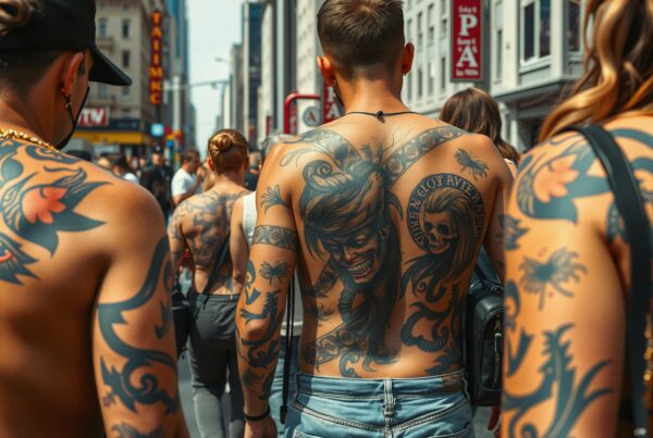 A group of tattooed individuals walking down a busy city street, showcasing intricate body art in an urban setting.