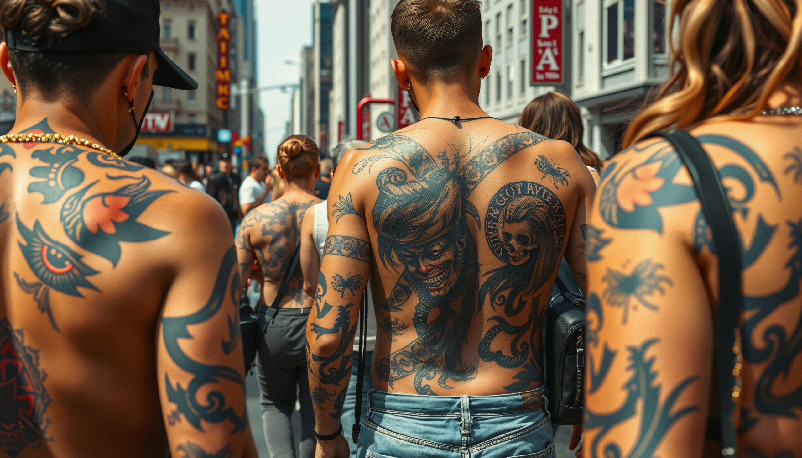 Tattooed Crowd in Urban Street