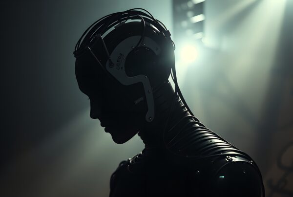 A futuristic humanoid robot silhouette against a glowing background.