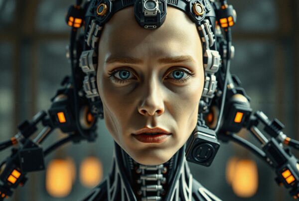 A futuristic humanoid with a mechanized head and glowing orange lights, showcasing advanced robotics and cybernetic aesthetics.
