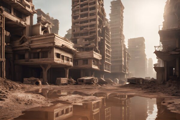 Urban decay in post-apocalyptic cityscape with dilapidated buildings and reflection in water under hazy sky.