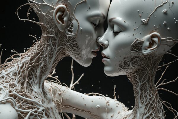 Two humanoid figures intertwined with root-like textures.
