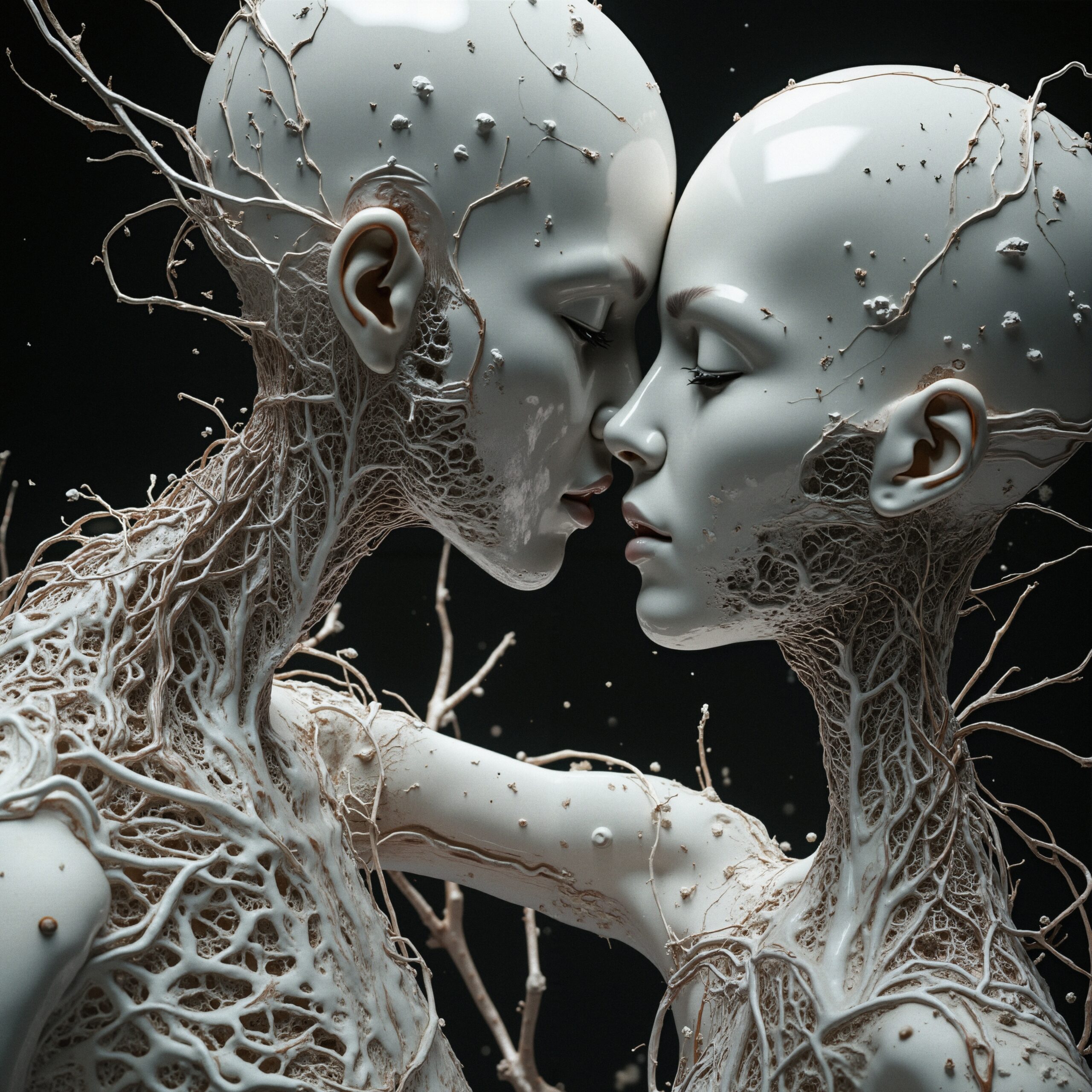 Intertwined porcelain humanoid figures