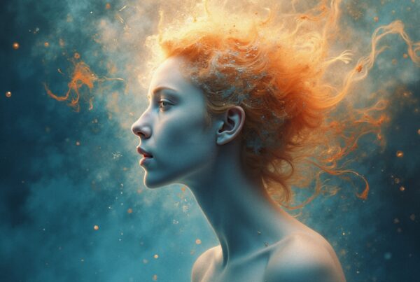 A surreal portrait of a woman with fiery hair blending into cosmic clouds in an ethereal setting.