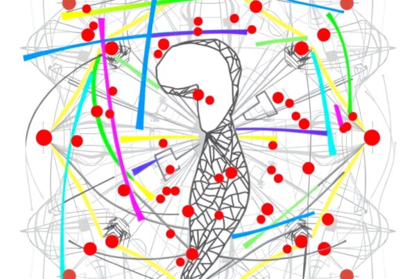 "Abstract geometric design with colorful lines and red dots on a monochrome background."