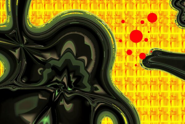 Abstract art with swirling black and green shapes over a yellow and red patterned background.