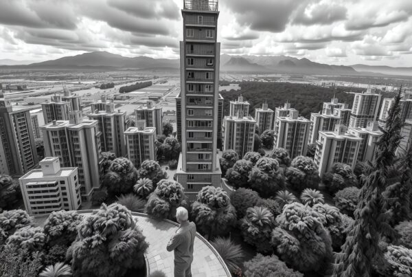 Panoramic cityscape with urban architecture and nature.