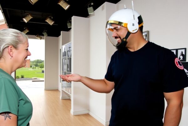 Two people interacting in indoor gallery with photographs.