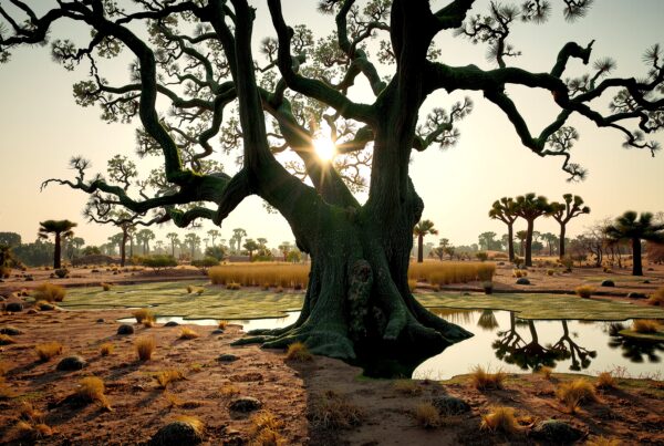 The image shows a large tree silhouetted by sunlight, reflected in a desert water body.