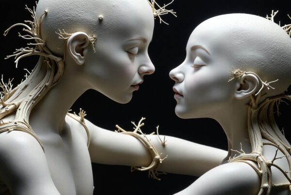 Two sculptural figures entwined with branch-like structures, set against a black background, conveying ethereal beauty and connection.