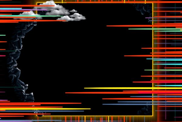 Abstract artwork with colorful lines, clouds on black background.