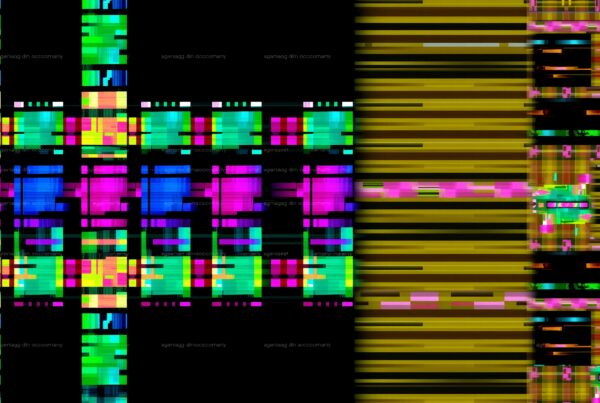 Abstract digital art with glitch effect, vibrant colors, and pixelated patterns.