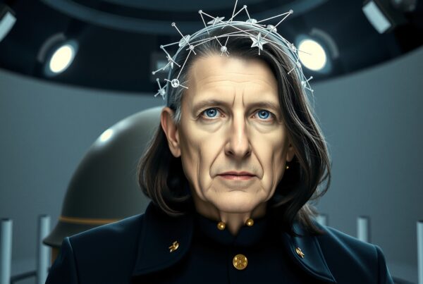A futuristically dressed individual wearing a constellation-themed headpiece in a dimly lit setting.