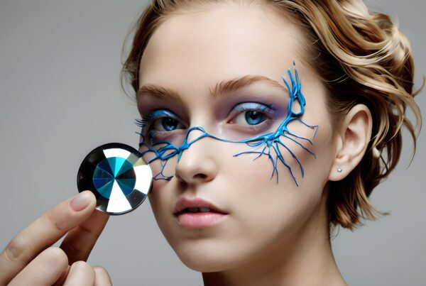 A woman with electrifying blue makeup holds a colorful geometric disc, showcasing avant-garde beauty.