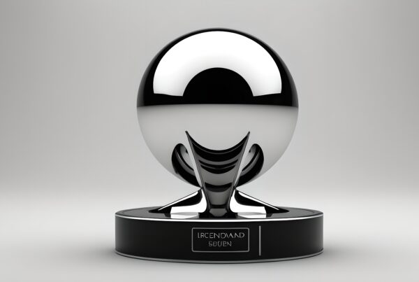 Futuristic black and silver spherical trophy design.