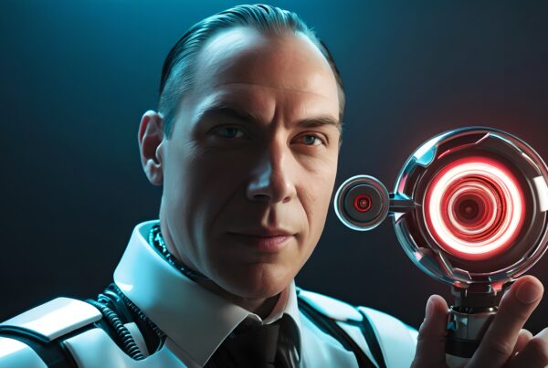 A futuristic figure holds a glowing red device against a dark background, depicting advanced technology.