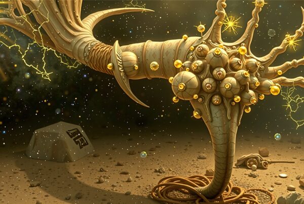 A surreal cosmic scene with a giant tree-like structure and golden orbs against a starry background.