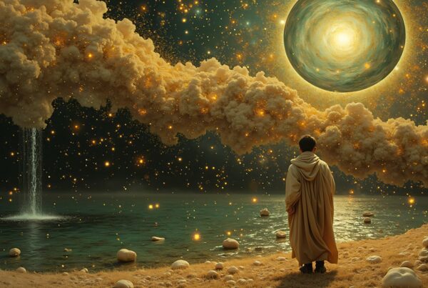 A mystical landscape with a cosmic sky, a celestial object, and a contemplative figure on a shore.