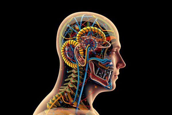 Detailed anatomical illustration of a human head in side view showing brain, nerves, and vessels.