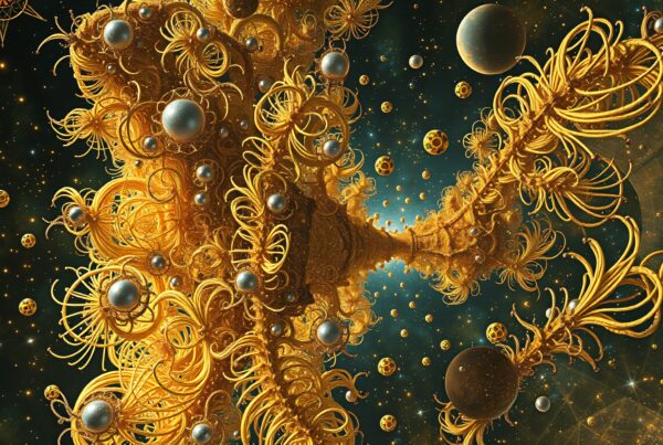 Intricate golden spirals in cosmic space scene.