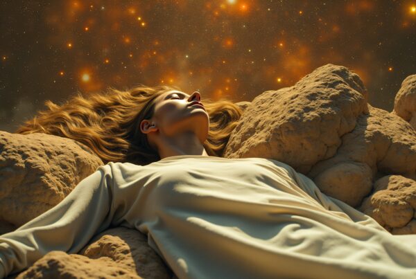 A woman lies on sandy rocks under a starry night sky, surrounded by ethereal light.